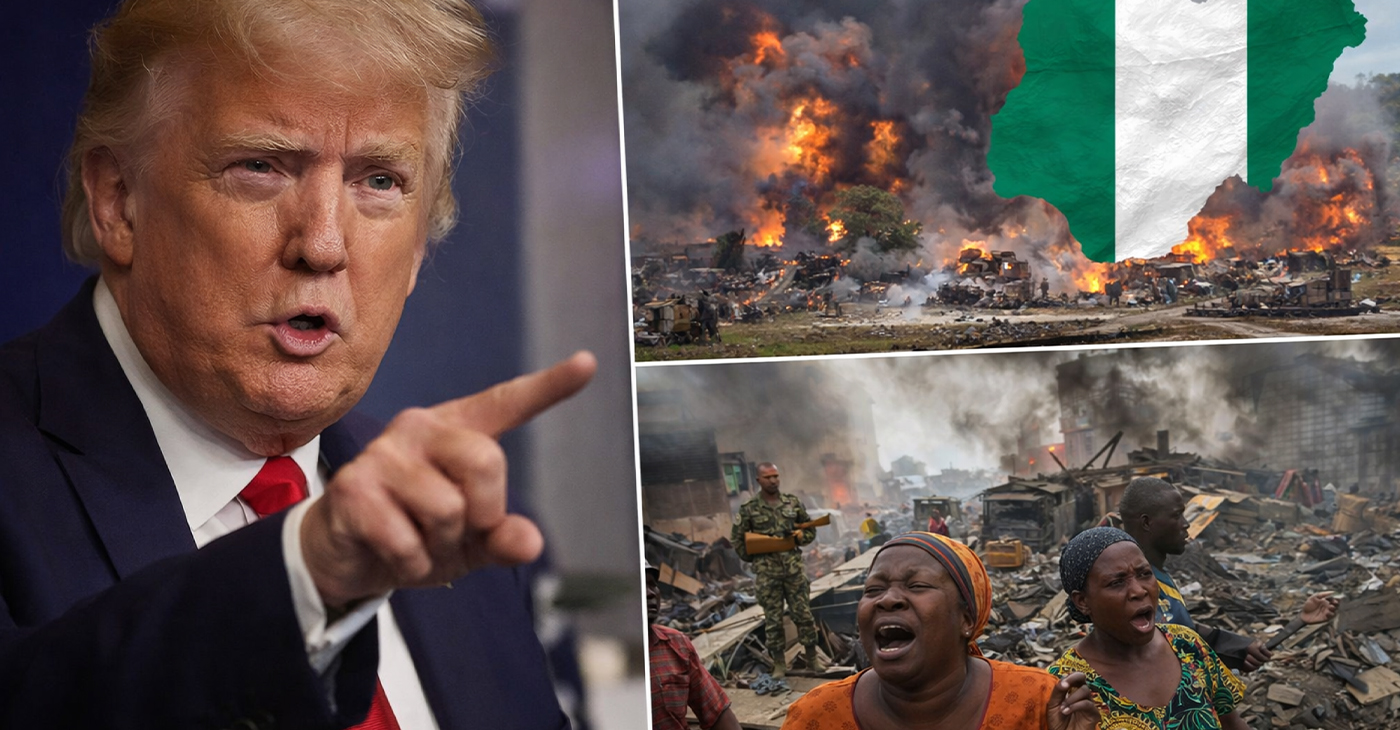 Composite featuring U.S. President Donald Trump and scenes of crisis in Nigeria.