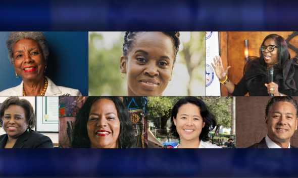 Dr. Eleanor Ramsey (top, left) founder, and CEO of Mason Tillman Associates, which conducted the study revealing contract disparities, was invited by District 3 Councilmember Carroll Fife (top center) to a Council committee meeting attended by Oakland entrepreneur Cathy Adams (top right) and (bottom row, left to right) Brenda Harbin-Forte, Carol Wyatt, and councilmembers Charlene Wang and Ken Houston. Courtesy photos.