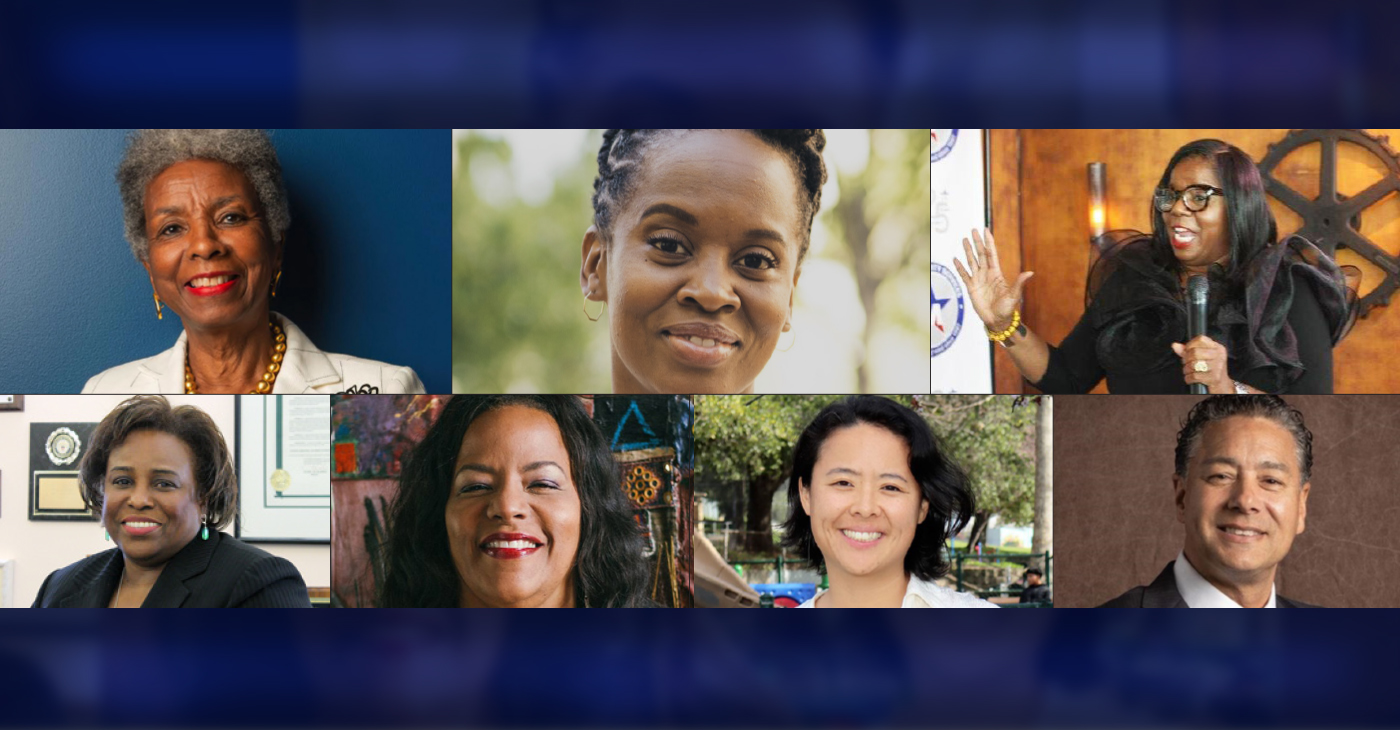 Dr. Eleanor Ramsey (top, left) founder, and CEO of Mason Tillman Associates, which conducted the study revealing contract disparities, was invited by District 3 Councilmember Carroll Fife (top center) to a Council committee meeting attended by Oakland entrepreneur Cathy Adams (top right) and (bottom row, left to right) Brenda Harbin-Forte, Carol Wyatt, and councilmembers Charlene Wang and Ken Houston. Courtesy photos.