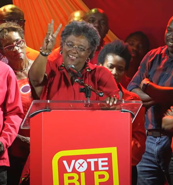 Prime Minister Mia Mottley addressing supporters at BLP rally in Oistins. Photo courtesy NY Carib News. 