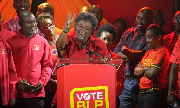 Prime Minister Mia Mottley addressing supporters at BLP rally in Oistins. Photo courtesy NY Carib News. 