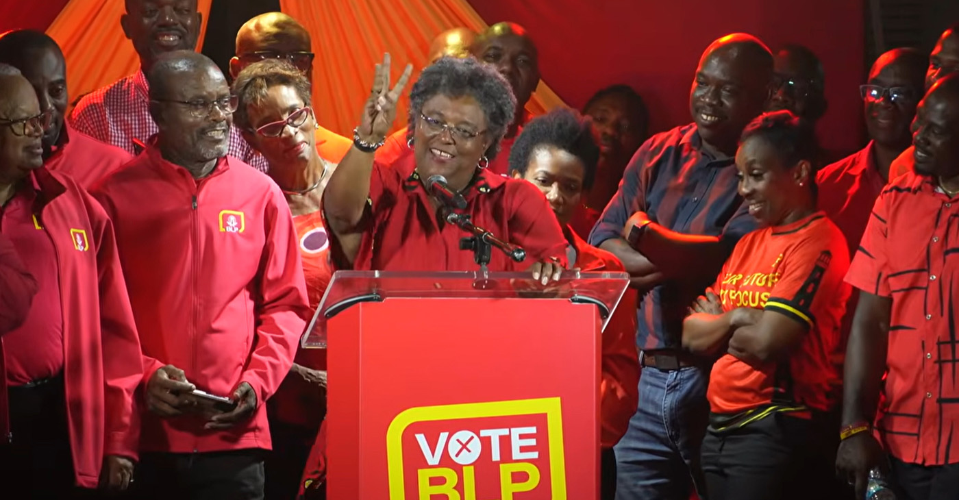Prime Minister Mia Mottley addressing supporters at BLP rally in Oistins. Photo courtesy NY Carib News. 