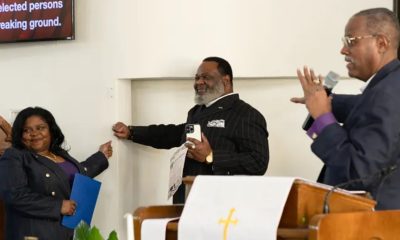 Kristi Williams, Rev. Keith Mayes Sr. and Bishop Silvester Scott Beaman during The Vernon Witness interpretive center groundbreaking at Vernon AME on Feb. 12, 2026. Credit: Tim Landes/ Tulsa Flyer