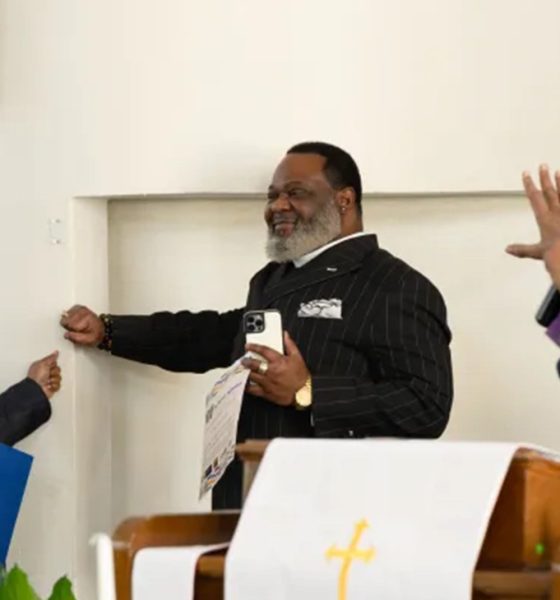 Kristi Williams, Rev. Keith Mayes Sr. and Bishop Silvester Scott Beaman during The Vernon Witness interpretive center groundbreaking at Vernon AME on Feb. 12, 2026. Credit: Tim Landes/ Tulsa Flyer