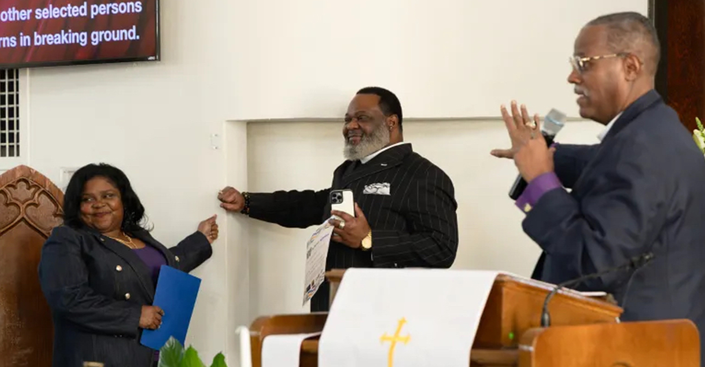 Kristi Williams, Rev. Keith Mayes Sr. and Bishop Silvester Scott Beaman during The Vernon Witness interpretive center groundbreaking at Vernon AME on Feb. 12, 2026. Credit: Tim Landes/ Tulsa Flyer