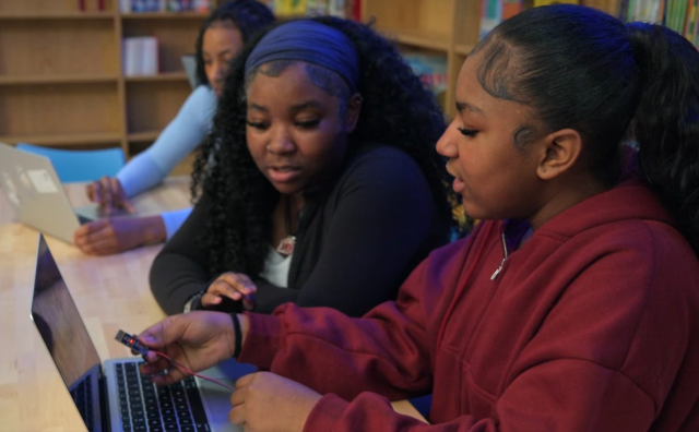 Students at South Hampton K-8 School work on their project for Samsung’s 2025-2026 “Solve for Tomorrow” competition. (Samsung)