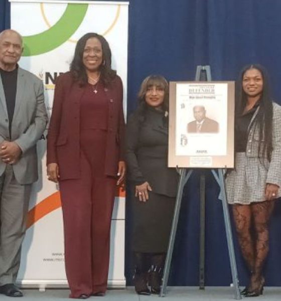 NNPA Fund members stand with family members of the late Bernal E. Smith II, who was honored during this year’s enshrinement ceremony. From left to right: Kelly Hodges, executive director; John Warren, board member; and Karen Carter Richards, chair; Smith’s wife, Tawonda Peete-Smith; daughter, Brianna Smith-Herman; and sister, Cher D. Smith. Pictured at the far right is Dr. Benjamin F. Chavis Jr., president and CEO of NNPA. The ceremony took place on March 18 on the campus of Howard University during the NNPA Fund’s Black Press Week. Credit: AFRO Photo/D. Kevin McNeir.