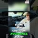 Man wearing a cap and glasses sits in a car interior with bold white text about blind-spot collision avoidance.