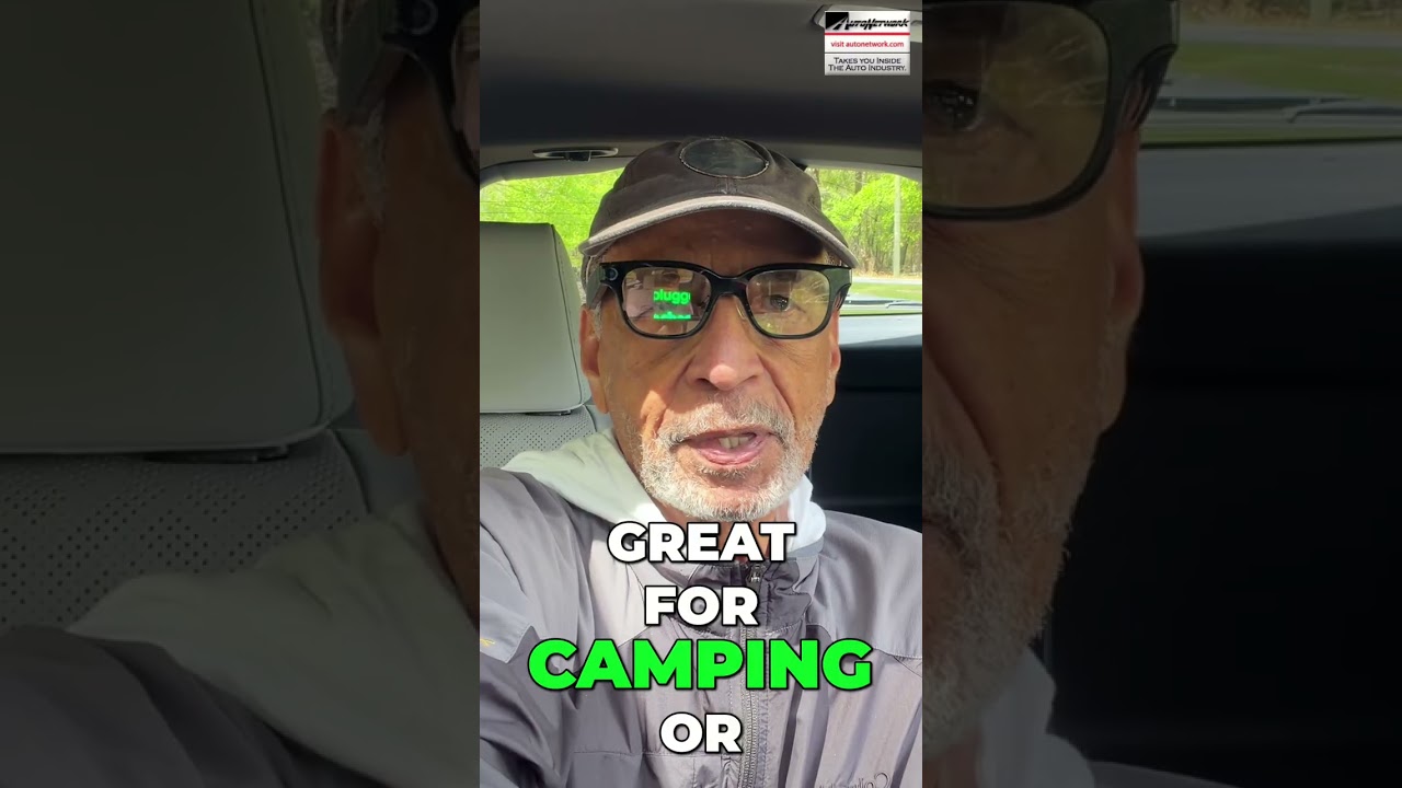 Man wearing a cap and glasses sits in a car; on-screen text reads 'GREAT FOR CAMPING OR'