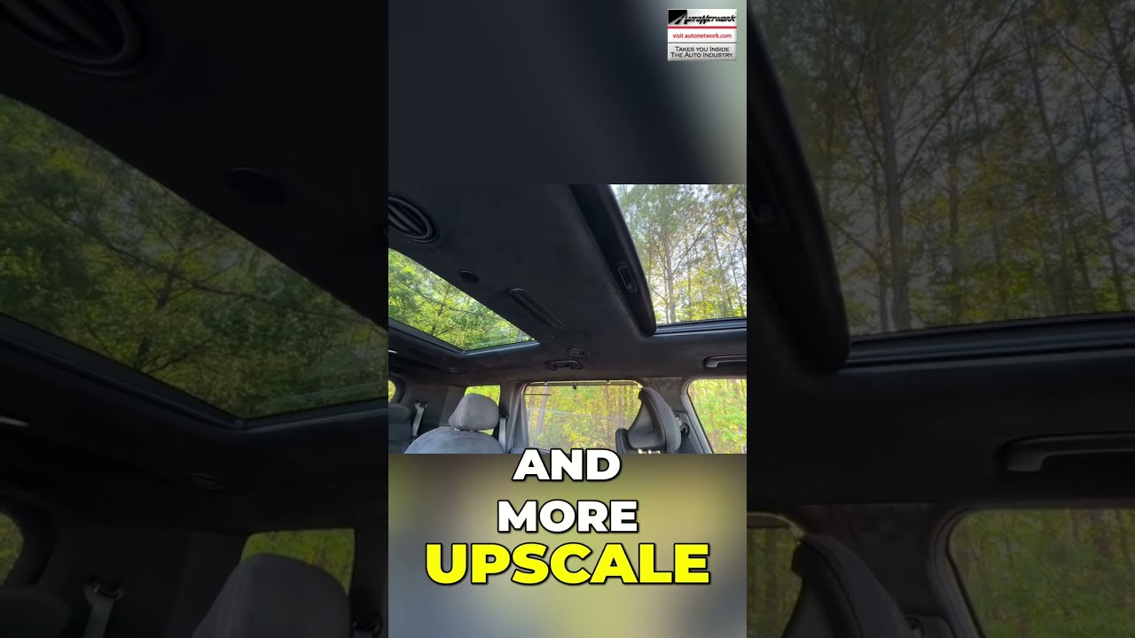Interior of a car with a large sunroof and forest visible through the glass, text overlay reads 'AND MORE UPSCALE'.