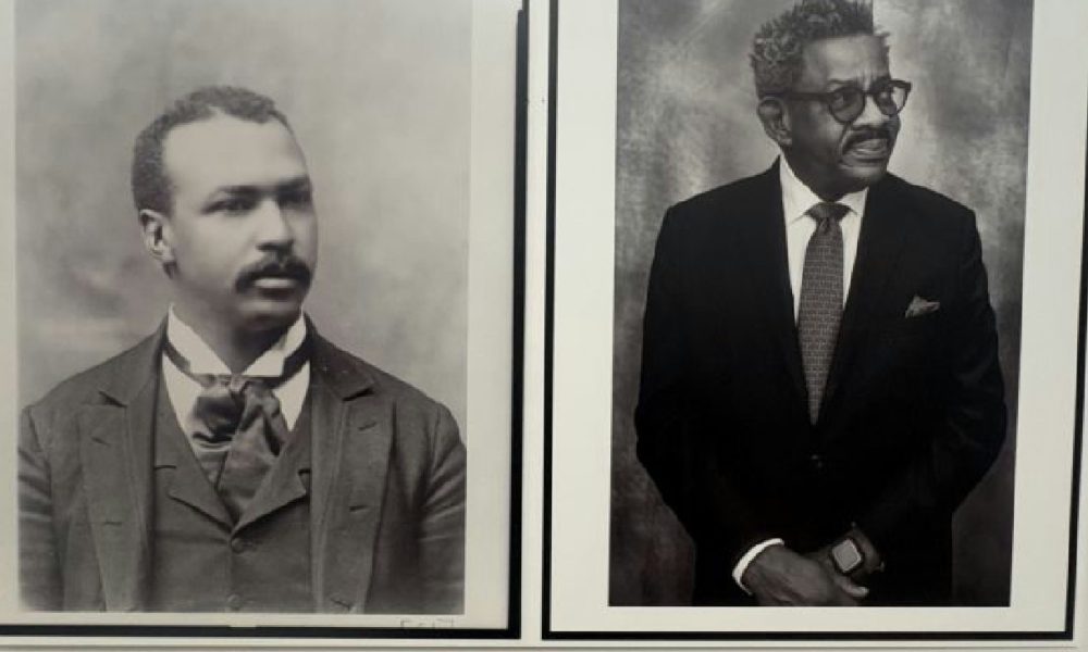 A portrait of the Rev. Henry Hugh Proctor, pastor of First Congregational Church in Atlanta, taken in 1899 or 1900. At right, the Rev. Dwight Andrews, the current pastor of First Congregational Church in Atlanta, poses for a photo on Friday, Jan. 16, 2026. Photo by Noah Washington/The Atlanta Voice.