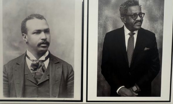 A portrait of the Rev. Henry Hugh Proctor, pastor of First Congregational Church in Atlanta, taken in 1899 or 1900. At right, the Rev. Dwight Andrews, the current pastor of First Congregational Church in Atlanta, poses for a photo on Friday, Jan. 16, 2026. Photo by Noah Washington/The Atlanta Voice.