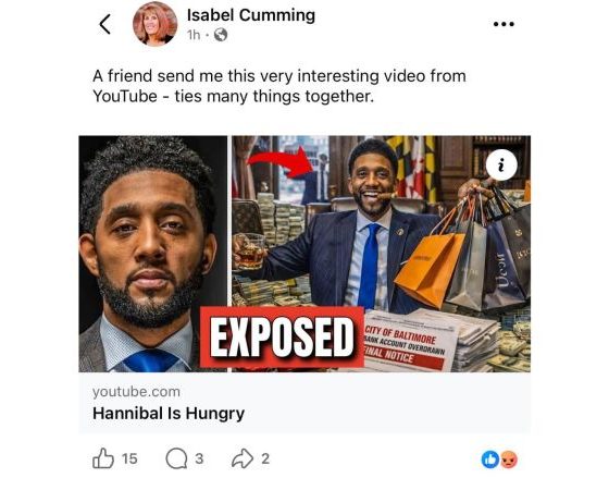 Mayor Brandon M. Scott’s administration is calling for a review of Inspector General Isabel Cumming’s online conduct after she shared a YouTube video that depicted the mayor smoking a cigar and holding what appears to be luxury shopping bags and an alcoholic drink. The request comes as Cumming sues the mayor and Baltimore City Council over blocked access to certain city records. Credit: Facebook screenshot