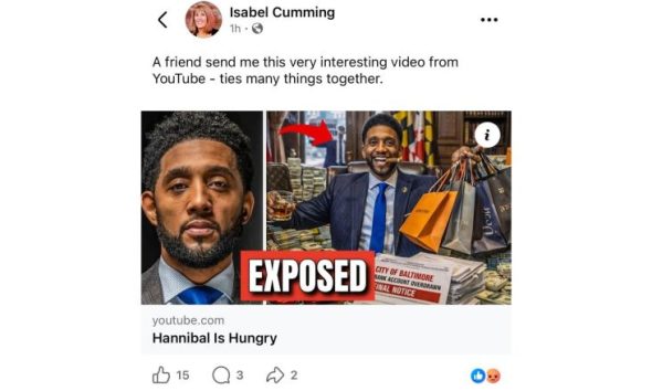 Mayor Brandon M. Scott’s administration is calling for a review of Inspector General Isabel Cumming’s online conduct after she shared a YouTube video that depicted the mayor smoking a cigar and holding what appears to be luxury shopping bags and an alcoholic drink. The request comes as Cumming sues the mayor and Baltimore City Council over blocked access to certain city records. Credit: Facebook screenshot