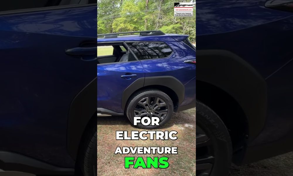 Blue SUV seen from the side with a roof rack, outdoors, overlaid by bold white and neon green text: 'FOR ELECTRIC ADVENTURE FANS'.