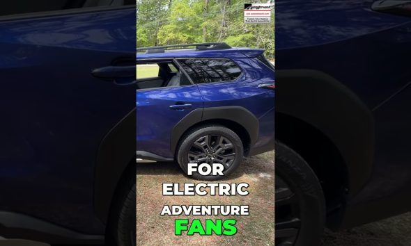 Blue SUV seen from the side with a roof rack, outdoors, overlaid by bold white and neon green text: 'FOR ELECTRIC ADVENTURE FANS'.