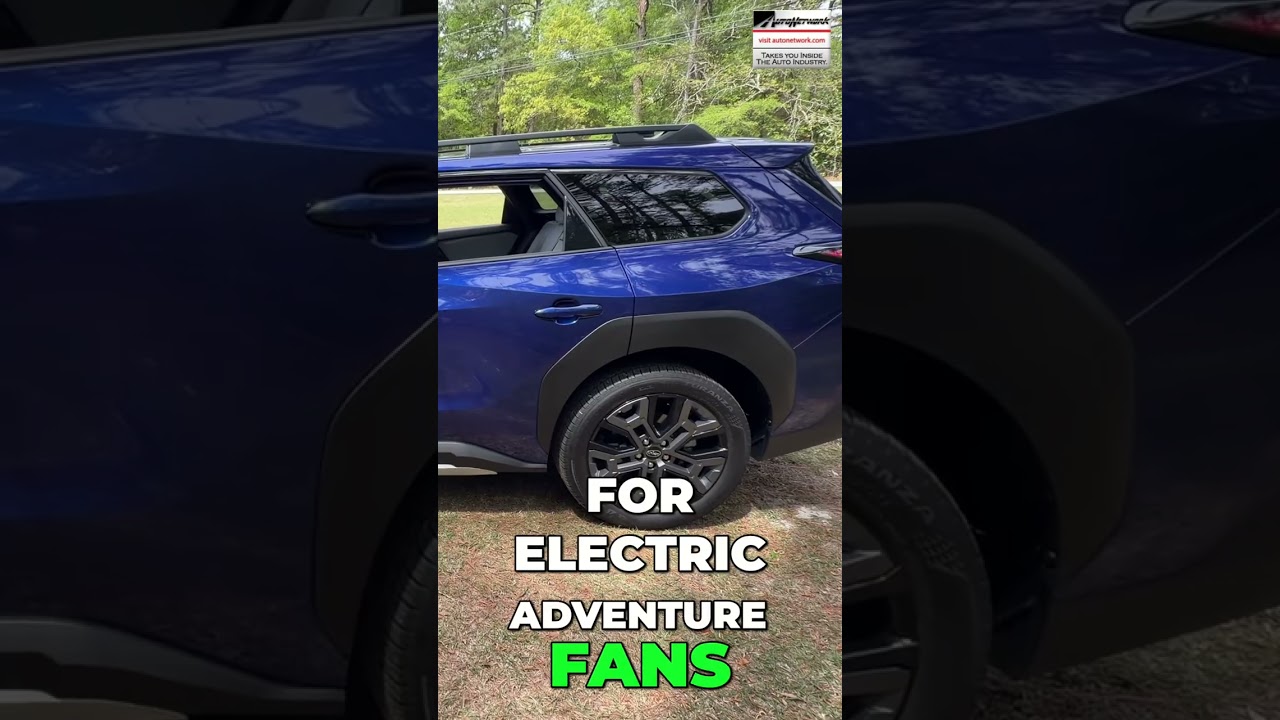 Blue SUV seen from the side with a roof rack, outdoors, overlaid by bold white and neon green text: 'FOR ELECTRIC ADVENTURE FANS'.