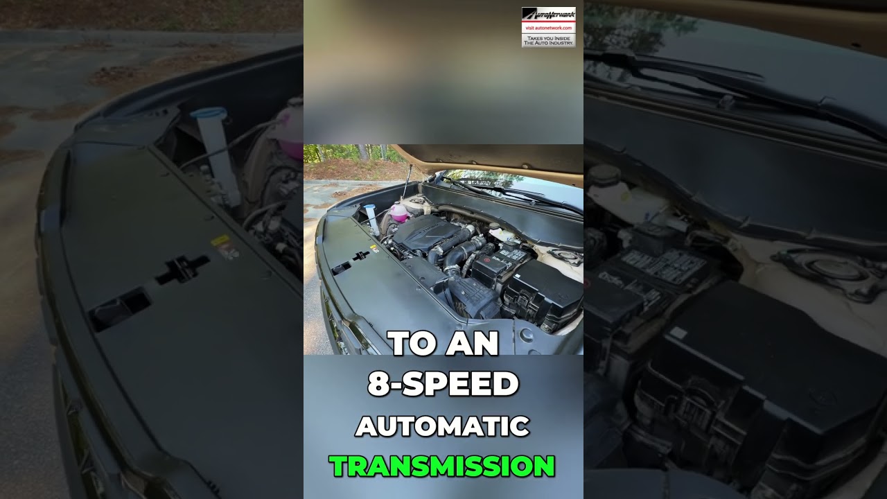 Open-hood car engine bay with a bold text overlay about an 8-speed automatic transmission.