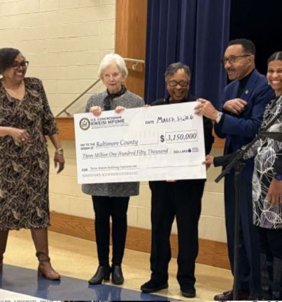 Olivia Lomax (left), lifelong Turner Station resident; Baltimore County Executive Katherine Klausmeier; Gloria Nelson, president of Turner Station Conservation Teams; Congressman Kweisi Mfume (D-M.d.-07); and Arkia Wade, founder of Neighborhood Companions, celebrate a $3.15 million grant to support flood resiliency in Turner Station. The federal grant was delivered to the community on March 12. Credit: AFRO Photo/Megan Sayles