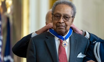 Clarence B. Jones, a former speechwriter and attorney for Dr. Martin Luther King Jr., receives the Presidential Medal of Freedom from Joe Biden at the White House on May 3 in Washington. (The White House/X)