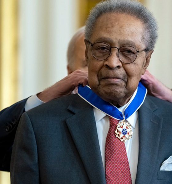 Clarence B. Jones, a former speechwriter and attorney for Dr. Martin Luther King Jr., receives the Presidential Medal of Freedom from Joe Biden at the White House on May 3 in Washington. (The White House/X)