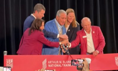 Arthur M. Blank, Dan Cathy, and JT Batson at the ribbon-cutting ceremony for the new U.S. Soccer National Training Center. Photo by Donnell Suggs/The Atlanta Voice