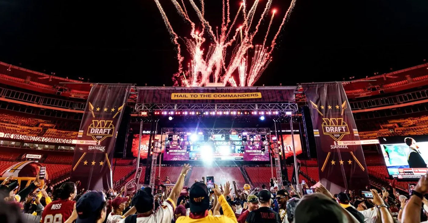 Washington fans celebrate at Northwest Stadium during an NFL draft party as the Commanders announced that Ohio State linebacker Sonny Styles was the team’s No. 7 overall pick on April 23. (Marcus Relacion/The Washington Informer)