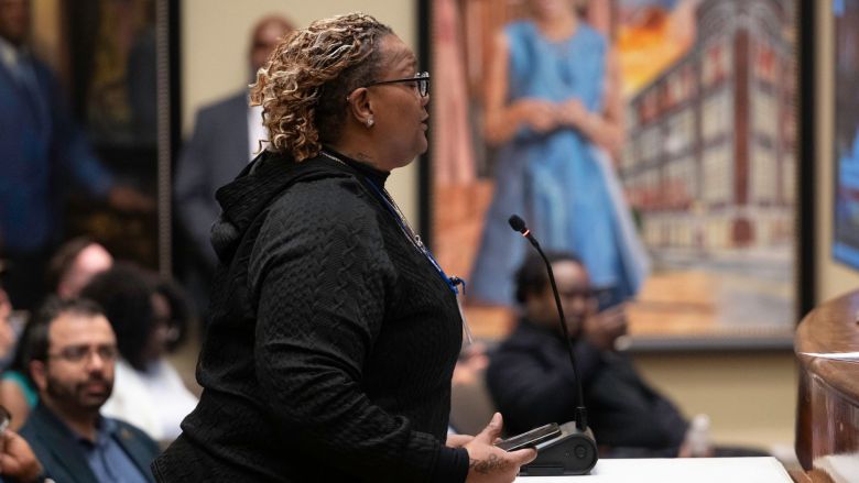Baltimore resident Christina Flowers testifies during the Board of Estimate’s Taxpayers’ Night on April 22. Flowers called for greater investment in grassroots organizations that are addressing homelessness in the city. Credit: Photo by J.J. McQueen