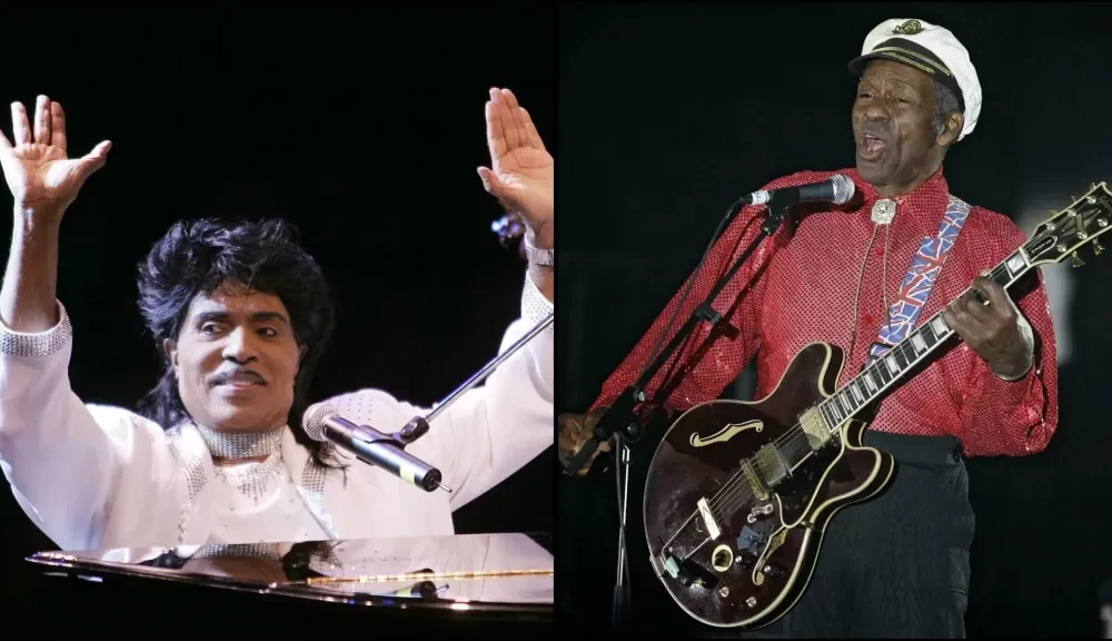 Rock and roll music traces its origins to rhythm and blues music created and performed by Black artists. Pioneers, like Little Richard, left, and Chuck Berry helped shape the sound that would define the genre. Credit: AP Photos