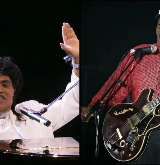 Rock and roll music traces its origins to rhythm and blues music created and performed by Black artists. Pioneers, like Little Richard, left, and Chuck Berry helped shape the sound that would define the genre. Credit: AP Photos