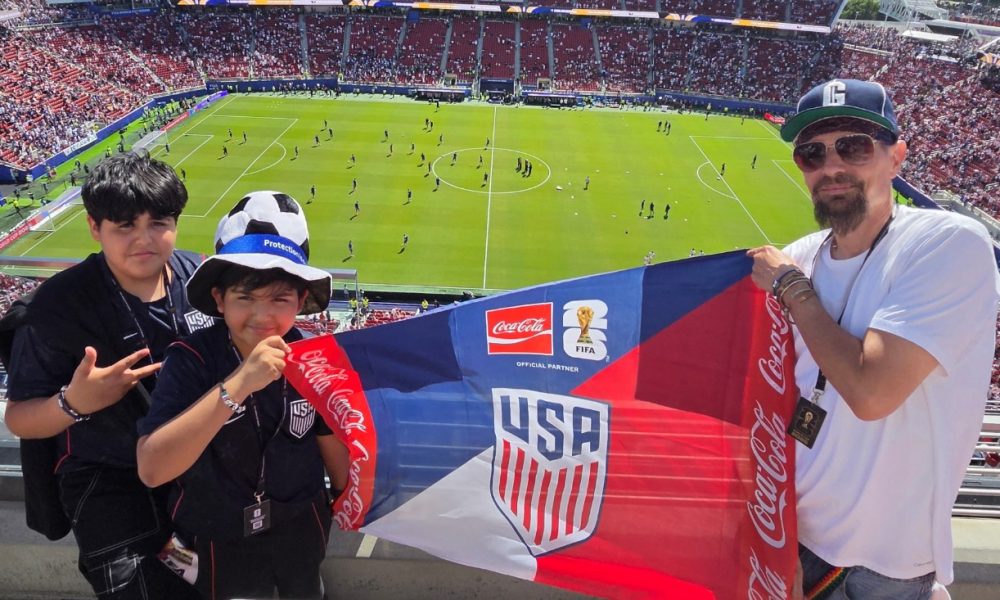 Brookfield Elementary teacher Corrin Haskell went with two former Brookfield students, Anthony (left) and James to the World Cup Round of 32 match in Santa Clara. Photo courtesy OUSD.