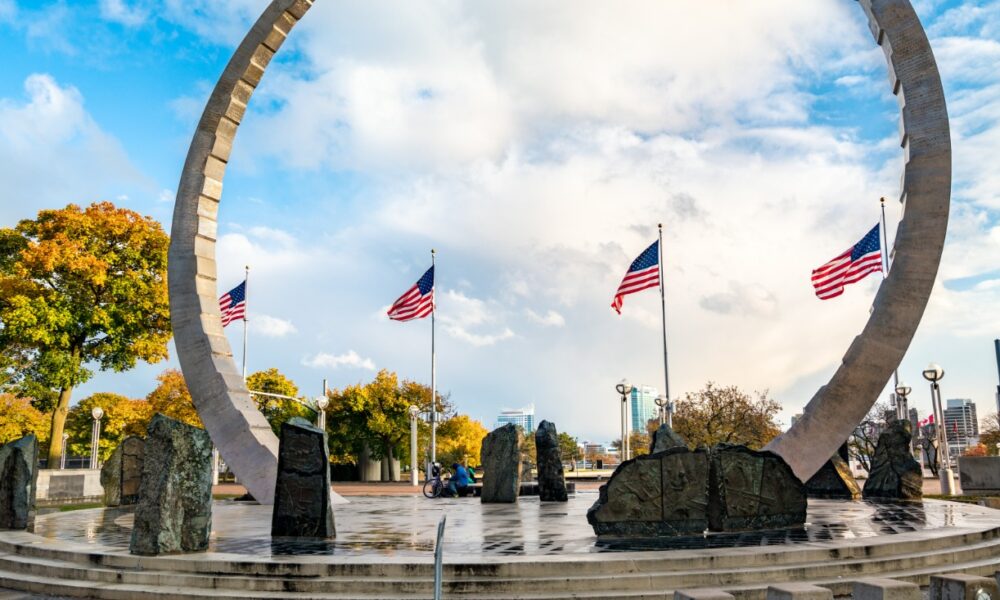 Transcending, Michigan Labor Legacy Monument at Hart Plaza in Downtown Detroit.