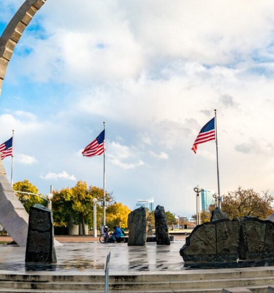Transcending, Michigan Labor Legacy Monument at Hart Plaza in Downtown Detroit.