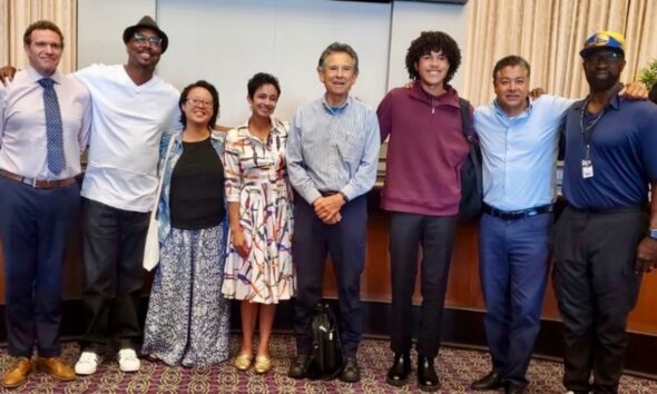 Left to right: Zac Unger, John Jones III, Charlene Wang, Janani Ramachandran, Noel Gallo, Mateo Ridge, Ken Houston and Jonathan ‘Fitness’ Jones. Photo by Carla Thomas.