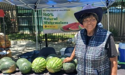 Agricultural Engineer Effie Gant displays watermelons from her Sacramento farm at the Temescal Festival in Oakland. Photo by Carla Thomas.