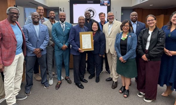 Members of the Alameda County Board of Supervisors honored 100 Black Men of the Bay Area at the supervisors’ July 14, 2026, meeting. Photo courtesy of 100 Black Men.