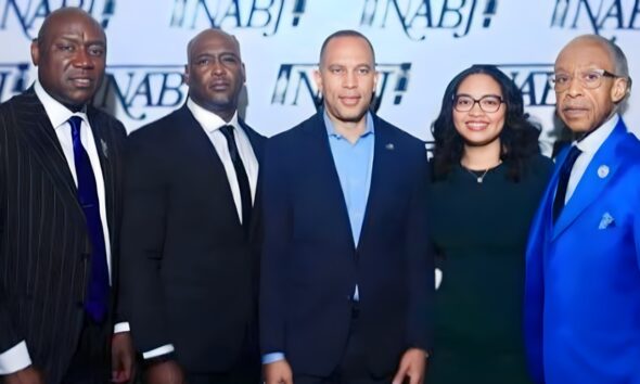 Civil Rights Attorney Ben Crump (left), House Majority Leader Hakeem Jeffries (middle), Rev. Al Sharpton (right) stand at the NABJ conference in Atlanta on Aug. 13 with Elmore and Christine Wonsley, the parents of Nolan Wells, a Black 18-year-old who died July 4th weekend in Mississippi