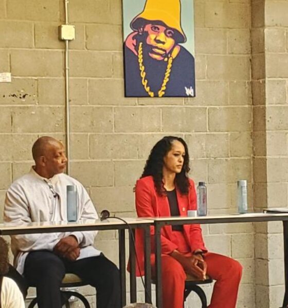 At Hella Bees venue in Oakland, Congresswoman Lateefah Simon Moderates the “A Voice for the People,” panel discussion. From left are: community advocates Dante Jones, Vincent O’ Bannon, San Francisco District Attorney Brooke Jenkins and Congresswoman Lateefah Simon. Photo by Carla Thomas.