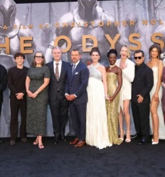 NEW YORK, NEW YORK - JULY 14: (L-R) Travis Scott, Benny Safdie, Elliot Page, Corey Hawkins, Tom Holland, Emma Thomas, Christopher Nolan, Matt Damon, Anne Hathaway, Lupita Nyong'o, Charlize Theron, John Leguizamo, Zendaya, Samantha Morton, Himesh Patel, Jon Bernthal, and Logan Marshall-Green attend the premiere of "The Odyssey" presented by Universal Pictures on July 14, 2026 in New York City. GETTY IMAGES/PHOTO BY MIKE COPPOLA/GETTY IMAGES FOR UNIVERSAL PICTURES
