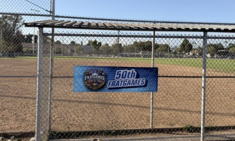 A banner commemorates the 50th anniversary of Frat Games at Darby Park in Inglewood, Calif., on Saturday, July 25. The annual event brings together members of the Divine Nine for fellowship, competition and community. (Daniele Lawson / L.A. Sentinel)