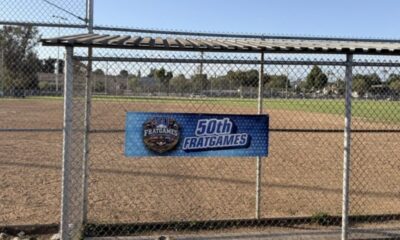 A banner commemorates the 50th anniversary of Frat Games at Darby Park in Inglewood, Calif., on Saturday, July 25. The annual event brings together members of the Divine Nine for fellowship, competition and community. (Daniele Lawson / L.A. Sentinel)