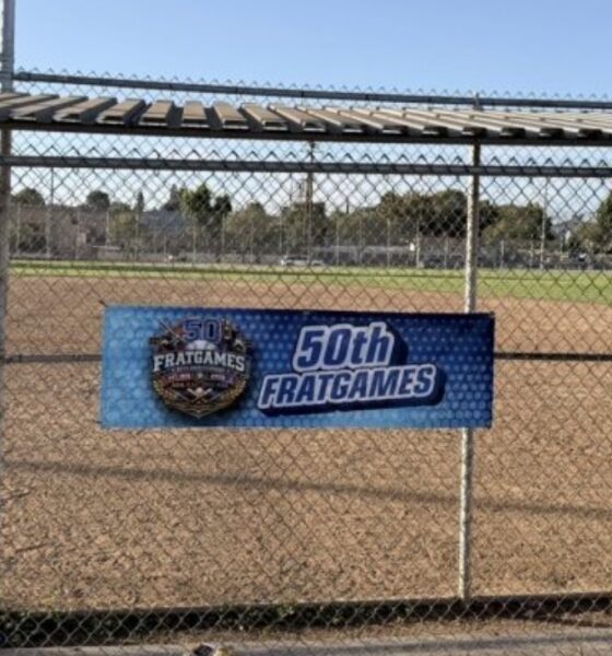A banner commemorates the 50th anniversary of Frat Games at Darby Park in Inglewood, Calif., on Saturday, July 25. The annual event brings together members of the Divine Nine for fellowship, competition and community. (Daniele Lawson / L.A. Sentinel)