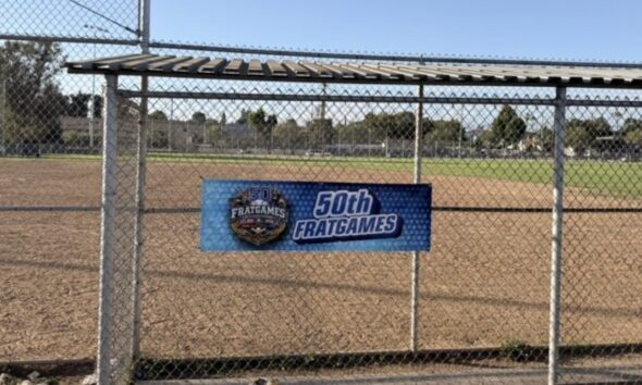 A banner commemorates the 50th anniversary of Frat Games at Darby Park in Inglewood, Calif., on Saturday, July 25. The annual event brings together members of the Divine Nine for fellowship, competition and community. (Daniele Lawson / L.A. Sentinel)
