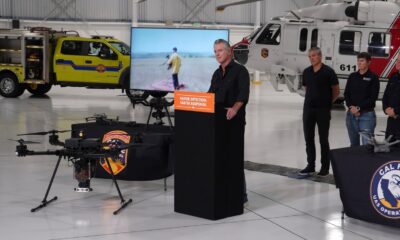 Gov. Gavin Newsom speaks during a July 21 presentation at McClellan Park highlighting California’s investments in advanced firefighting technology and wildfire prevention tools. CBM photo by Antonio Ray Harvey.