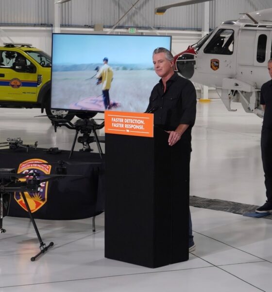 Gov. Gavin Newsom speaks during a July 21 presentation at McClellan Park highlighting California’s investments in advanced firefighting technology and wildfire prevention tools. CBM photo by Antonio Ray Harvey.