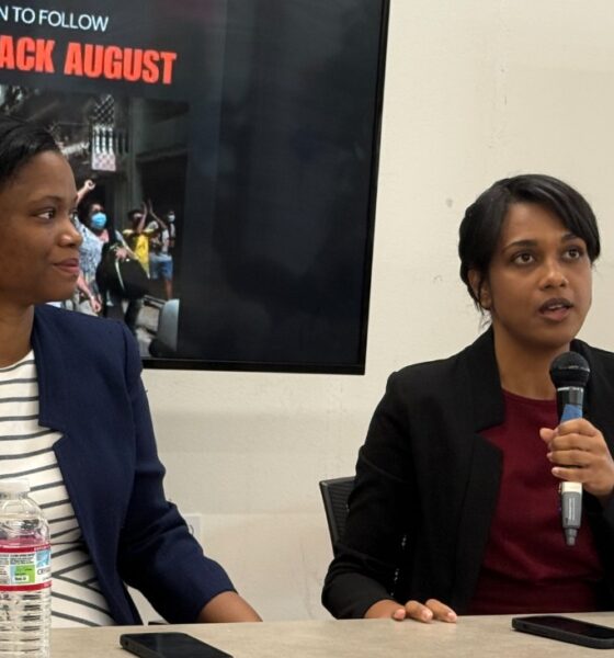 Speakers from the Cuban embassy First Secretary Sulia Páez Chacon (left) and Second Secretary Gabriela Castillo shared the harsh realities caused by the U.S. blockade that has intensified dramatically this year. Photo by Ken Epstein.