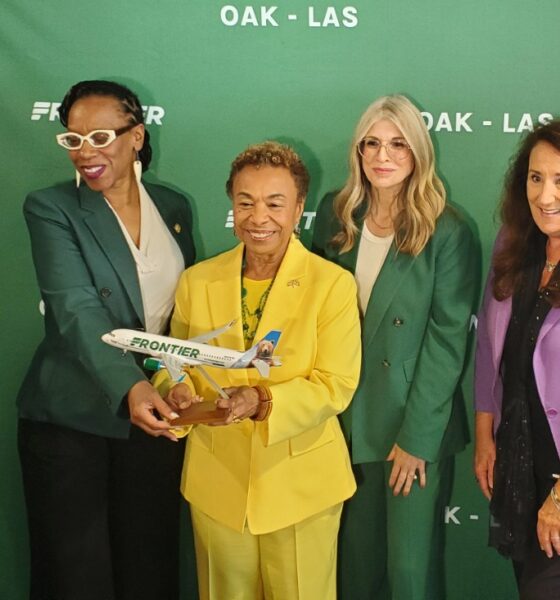 Ribbon cutting ceremony and celebration at Terminal 1, Gate 3 of Frontier Airlines at Oakland San Francisco Bay Airport. (L-R) Port of Oakland Executive Director Kristi McKenney, U.S. Representative Congresswoman Lateefah Simon (D-CA-12), Oakland Mayor Barbara Lee, Frontier Airlines Vice President of Public and Consumer Affairs Tyri Squyres, Oakland Metropolitan Chamber of Commerce president Barbara Leslie, and Port of Oakland Board President Stephanie Dominguez Walton. Photo by Carla Thomas