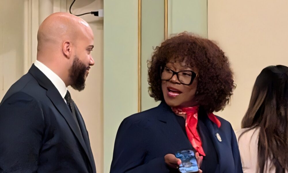 Assemblymember Tina McKinnor (D-Inglewood), right, introduced Assembly Bill 2113 to address a public safety enforcement gap involving unauthorized personal drones flying over crowds at large outdoor events in California. A violation would be an infraction punishable by a fine of up to $500. McKinnor is shown with fellow California Legislative Black Caucus member Assemblymember Isaac Bryan (D-Ladera Heights). CBM photo by Antonio Ray Harvey.