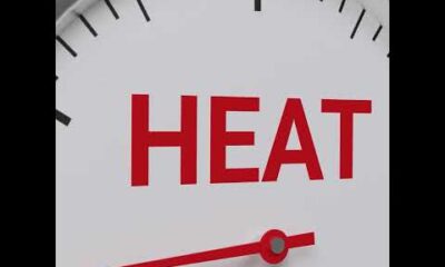 Houston Defender video thumbnail showing a person sweating profusely in extreme heat, questioning the city's temperature.