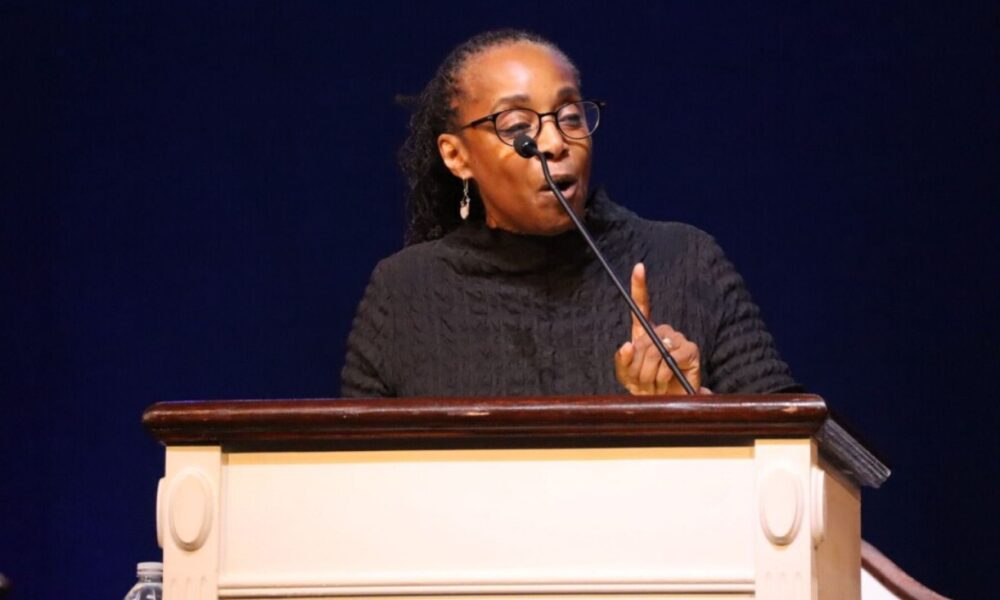 Rev. Judy Fentress-Williams speaks to the Howard community during a sermon titled “Think Small”, which aims to offer encouragement to young people to focus on their God-given assignments. (Tatiana Allen/HU News Service)